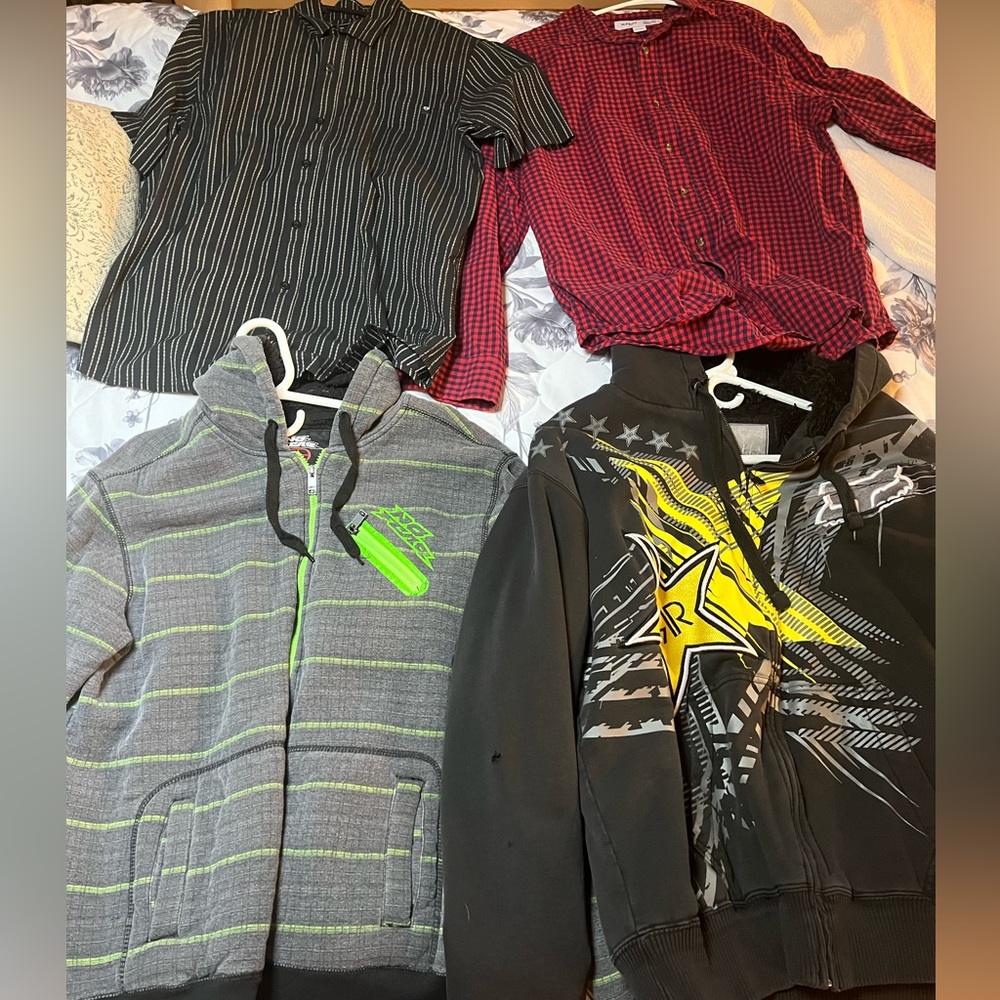 Men’s tops group- Fox Racing, No Fear, hoodies and dress shirts